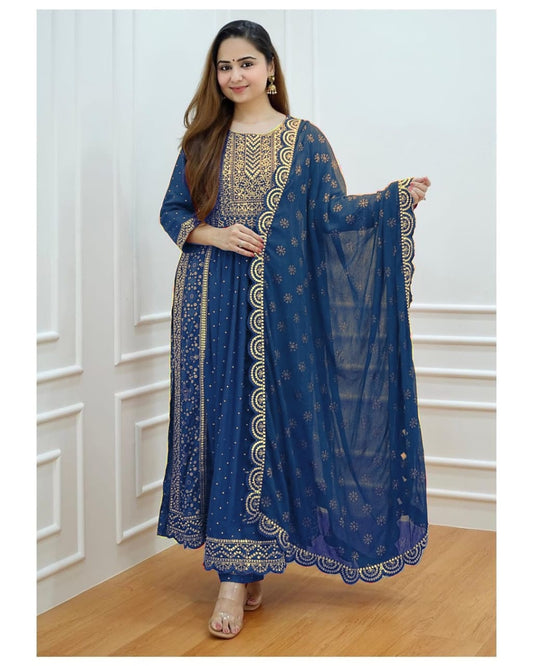 Handmade Embroidered Blue Colour Kurti Pant & Dupatta Set Kurta Kurti Wadding Dress