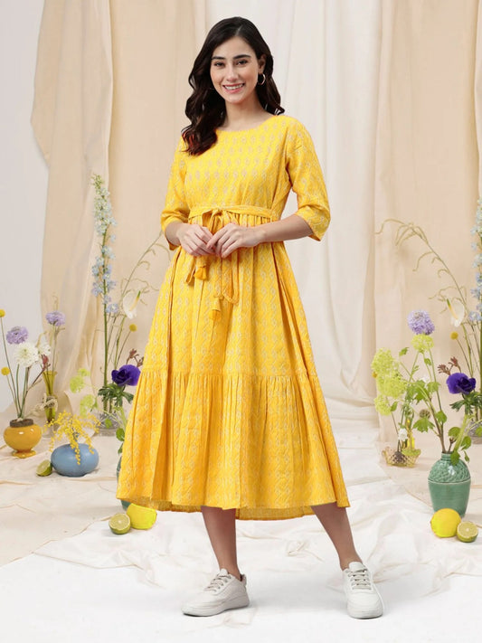 Fancy Party Wear Yellow Printed Salwar Anarkali Gown Suit