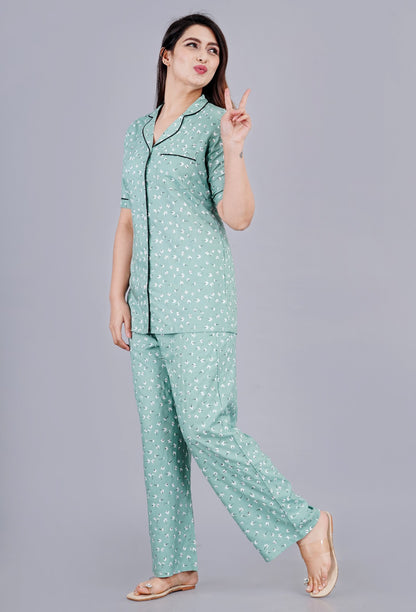 Women Pajama Set Half Sleeve Sky Blue Shirt & Pants Night Dress Floral Set