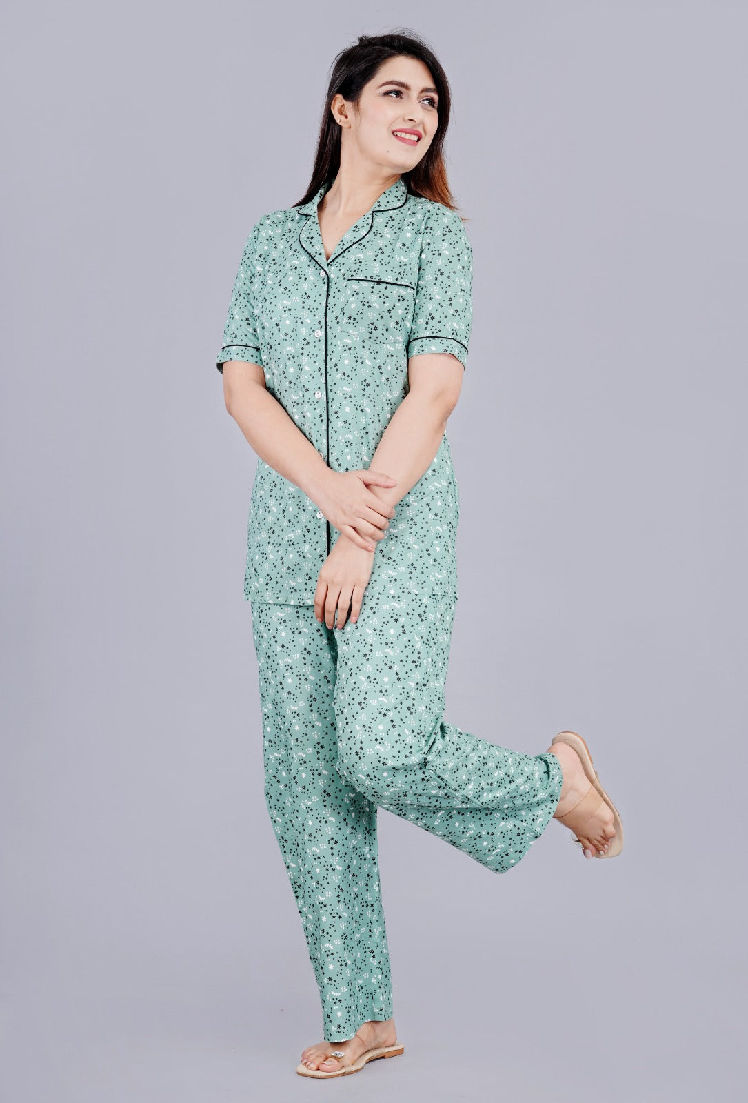 Women Pajama Set Half Sleeve Sky Blue Shirt & Pants Night Dress Floral Set