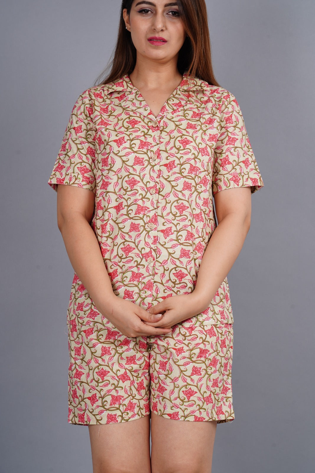 Women Pajama Set Half Sleeve Peach Shirt & Short Pants Night Dress Floral Set