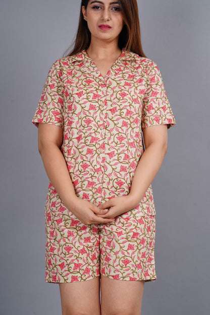 Women Pajama Set Half Sleeve Peach Shirt & Short Pants Night Dress Floral Set