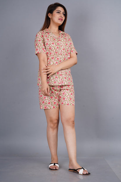 Women Pajama Set Half Sleeve Peach Shirt & Short Pants Night Dress Floral Set