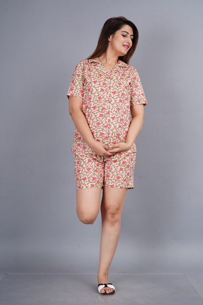 Women Pajama Set Half Sleeve Peach Shirt & Short Pants Night Dress Floral Set