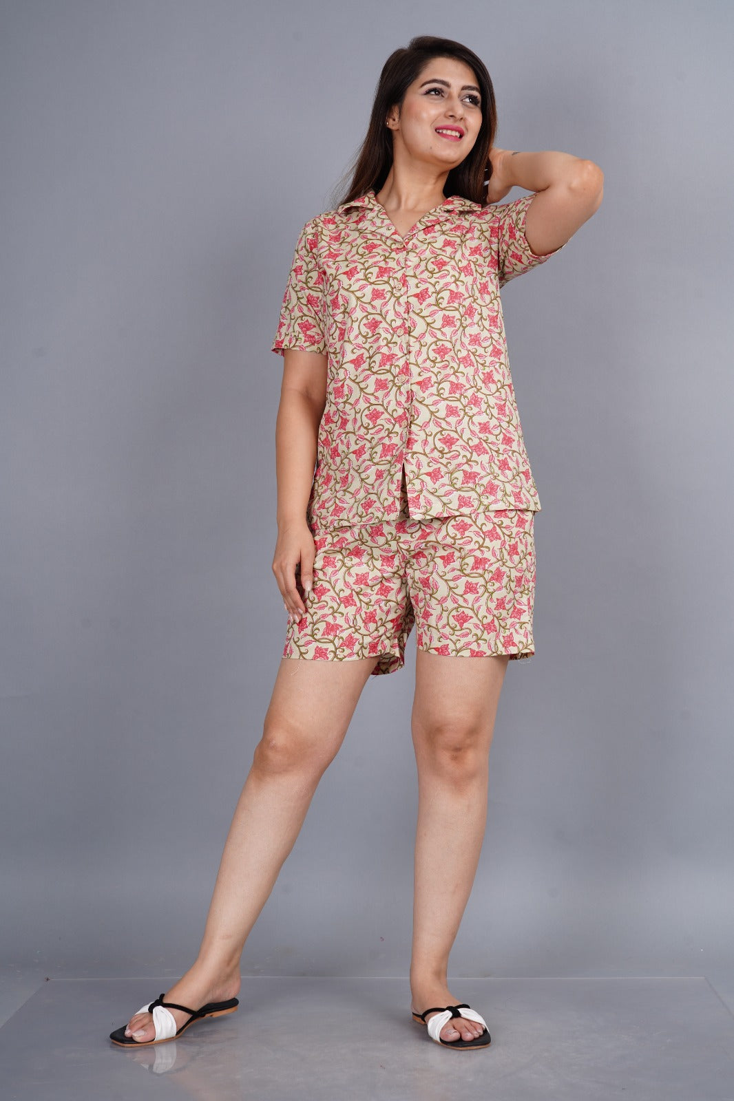 Women Pajama Set Half Sleeve Peach Shirt & Short Pants Night Dress Floral Set