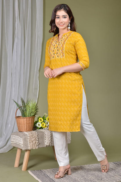 Women Pakistani Yellow Kurta Kurti Pant Printed Kurti Pant Set