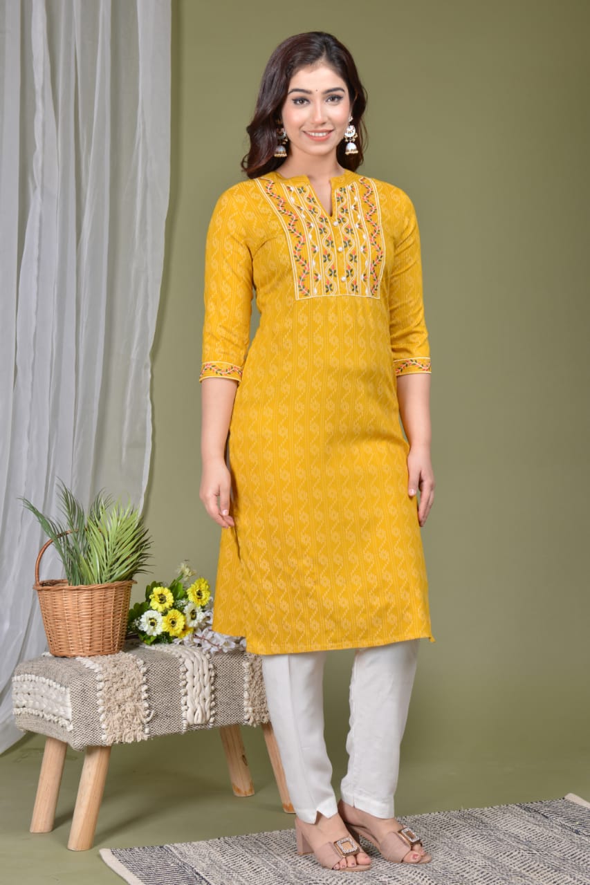 Women Pakistani Yellow Kurta Kurti Pant Printed Kurti Pant Set