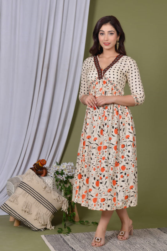 Indian Floral Women Kurta Kurti Flared Tunic Top Wear Dress