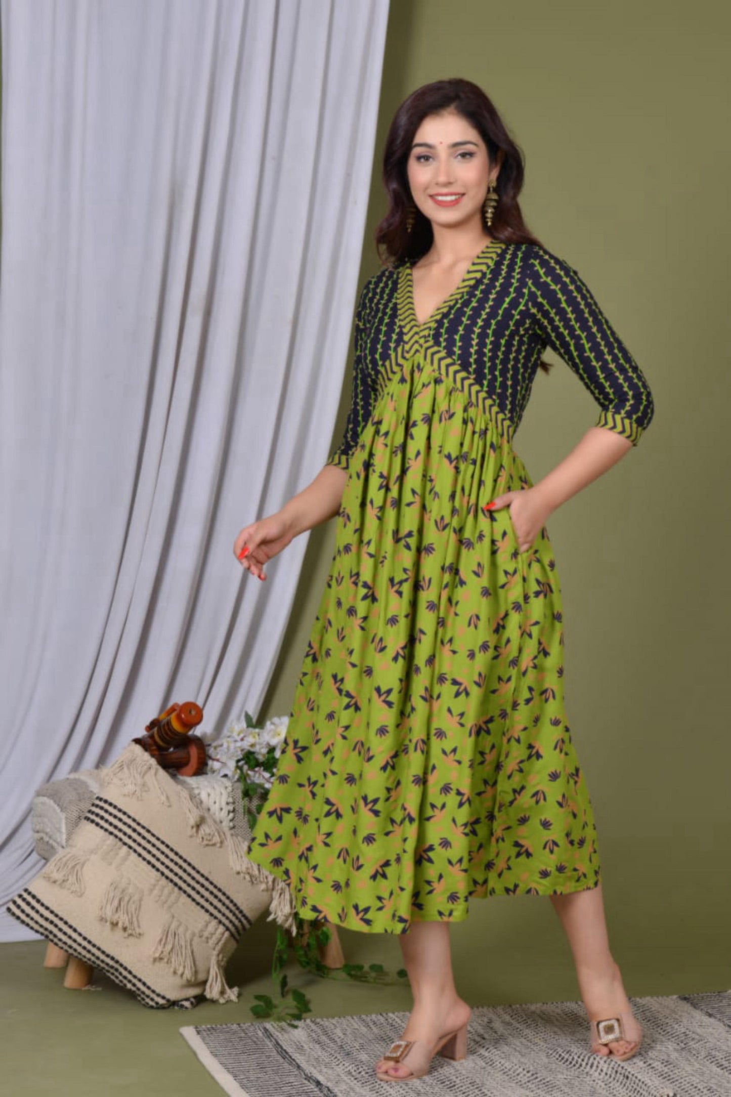 Indian Floral Women Green Kurta, Kurti Flared Tunic Top Wear Dress