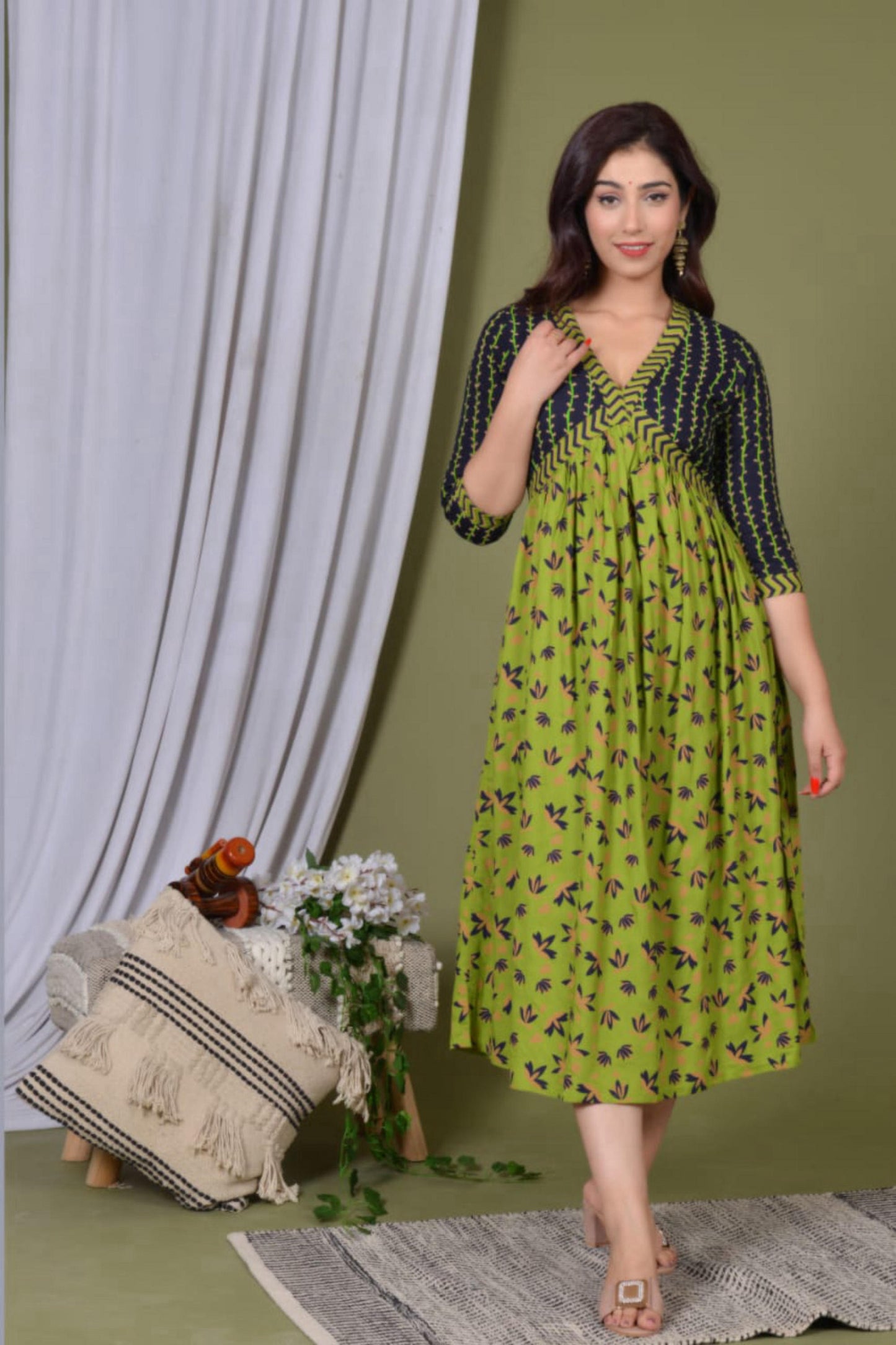 Indian Floral Women Green Kurta, Kurti Flared Tunic Top Wear Dress