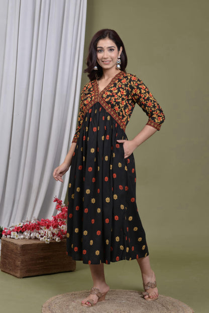 Indian Floral Women Black Kurta, Kurti Flared Tunic Top Wear Dress