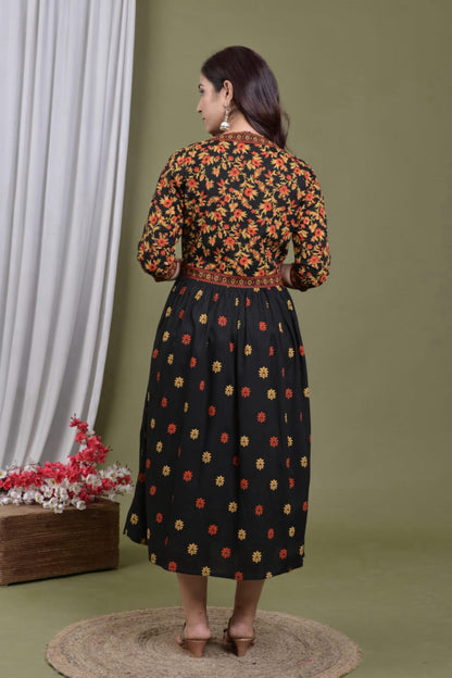 Indian Floral Women Black Kurta, Kurti Flared Tunic Top Wear Dress