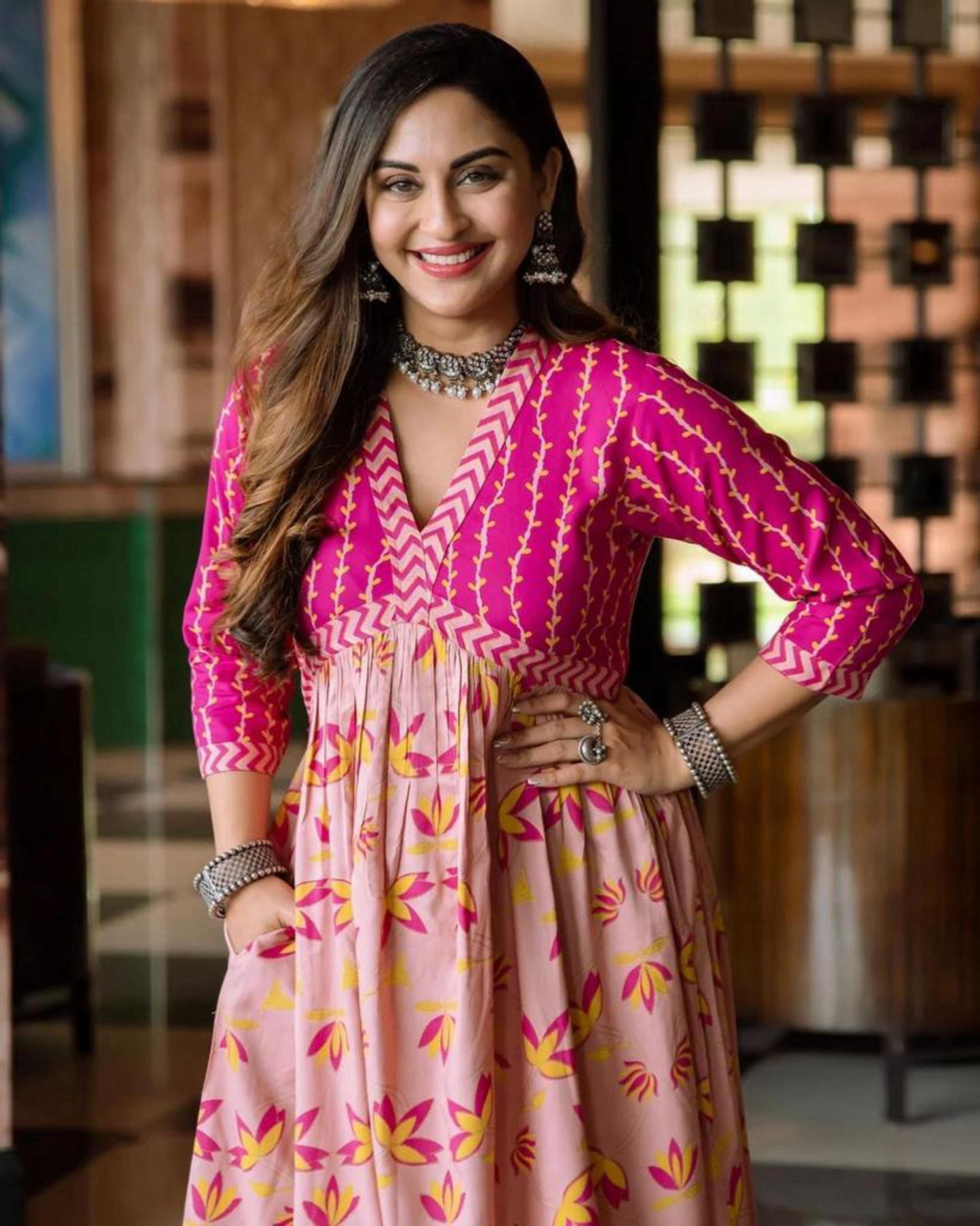 Indian Floral Women Pink Kurta, Kurti Flared Tunic Top Wear Dress