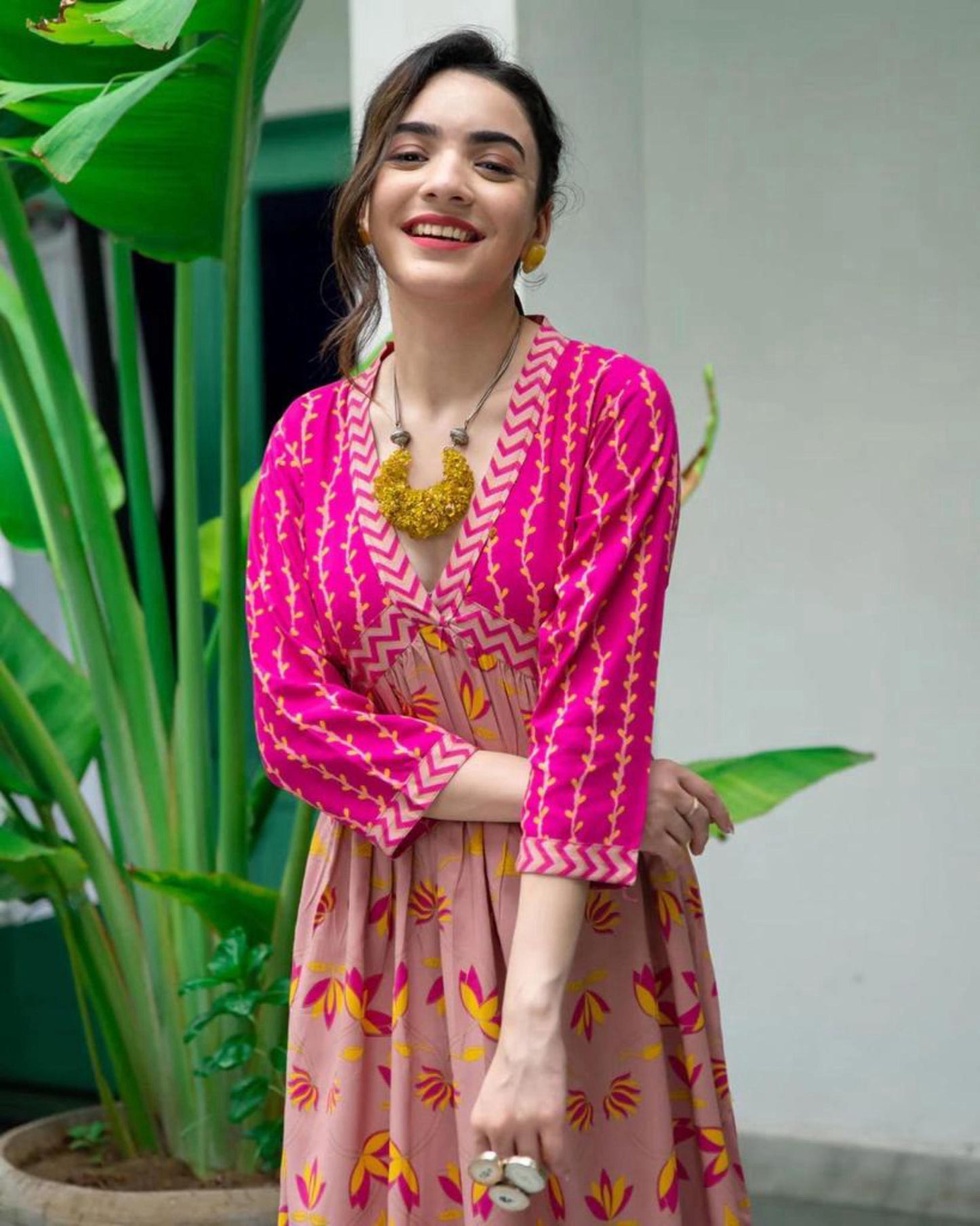 Indian Floral Women Pink Kurta, Kurti Flared Tunic Top Wear Dress