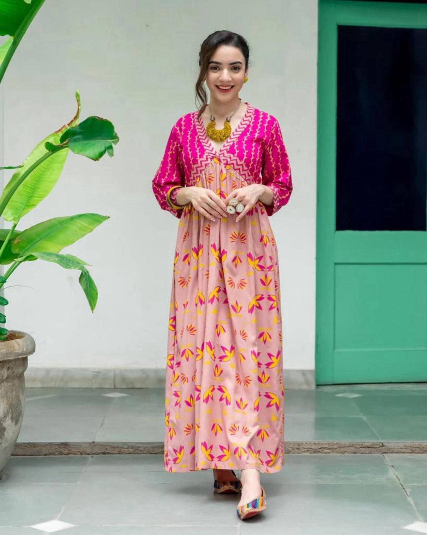 Indian Floral Women Pink Kurta, Kurti Flared Tunic Top Wear Dress